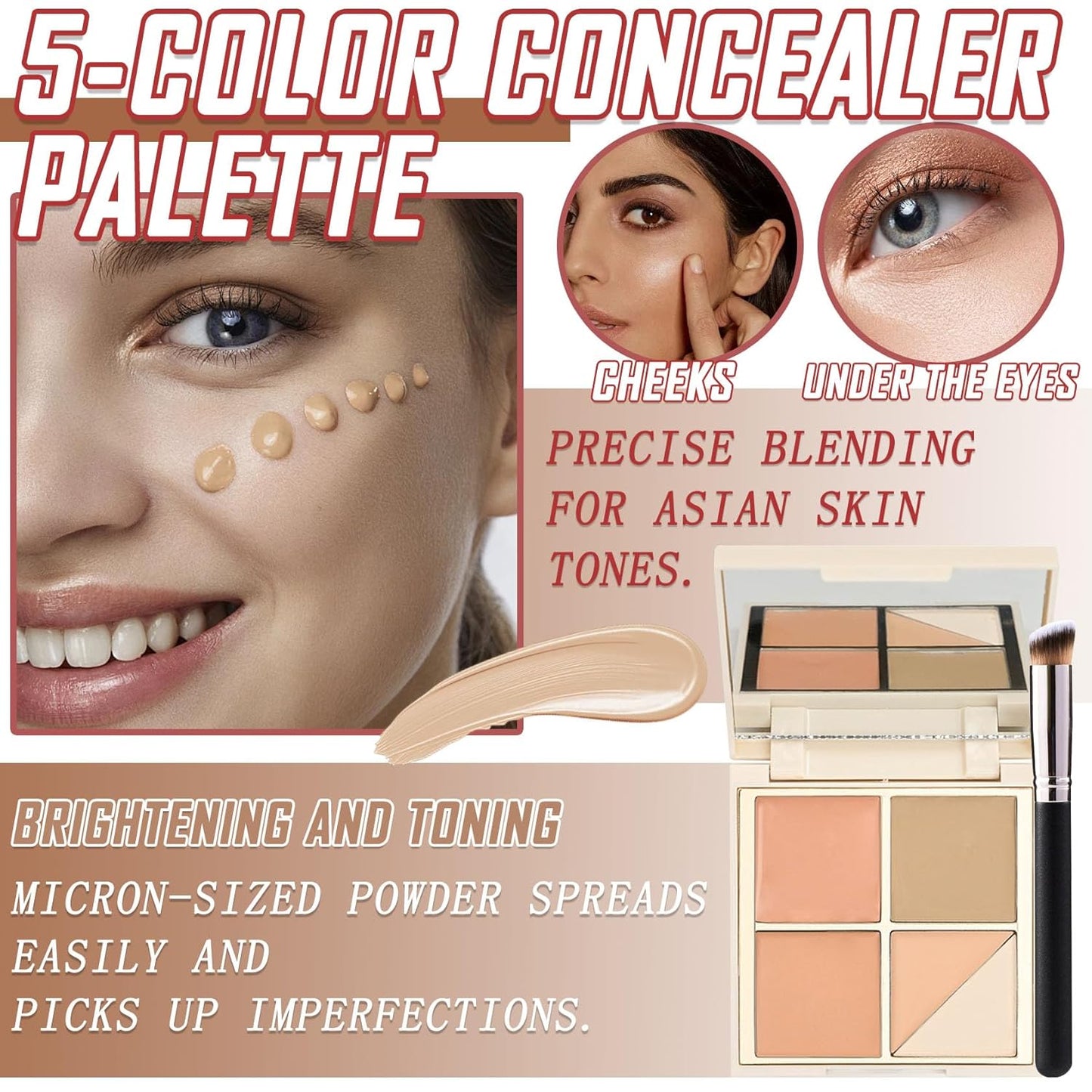 5 Colors Correcting Concealer Palette,Waterproof Long Lasting Cream Contour Palette for Women,Contouring Concealer Liquid Foundation Makeup Palette with Brush 02#