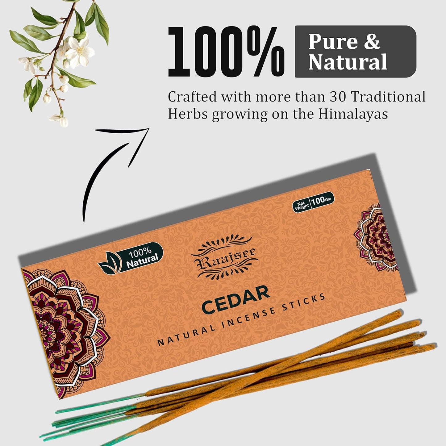 Raajsee Cedar Incense Sticks, 100%-Natural Charcoal Free Organic Non Toxic Clean Burning Handmade Insence Sticks 100 gm Pack, Meditation Gifts – Spritual Cleansing