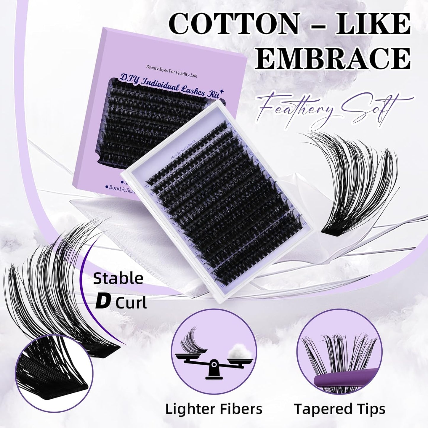 B&Qaugen Lash Extension Kit 280Pcs Volume Individual Lashes Kit Superfine Individual Eyelashes 10-18mm Soft D Curl Eyelash Clusters Kit with Bond and Seal Tweezers for Self Use （Kit-90D-10-18MIX）