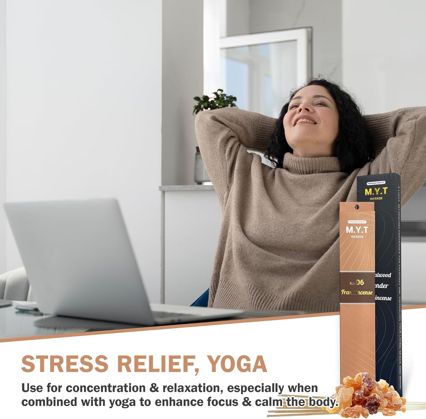 M.Y.T Natural Incense Sticks – Sandalwood, Lavender, Frankincense – Long-Lasting, Low Smoke – Relaxation, Meditation, Odor Removing – 60 Sticks