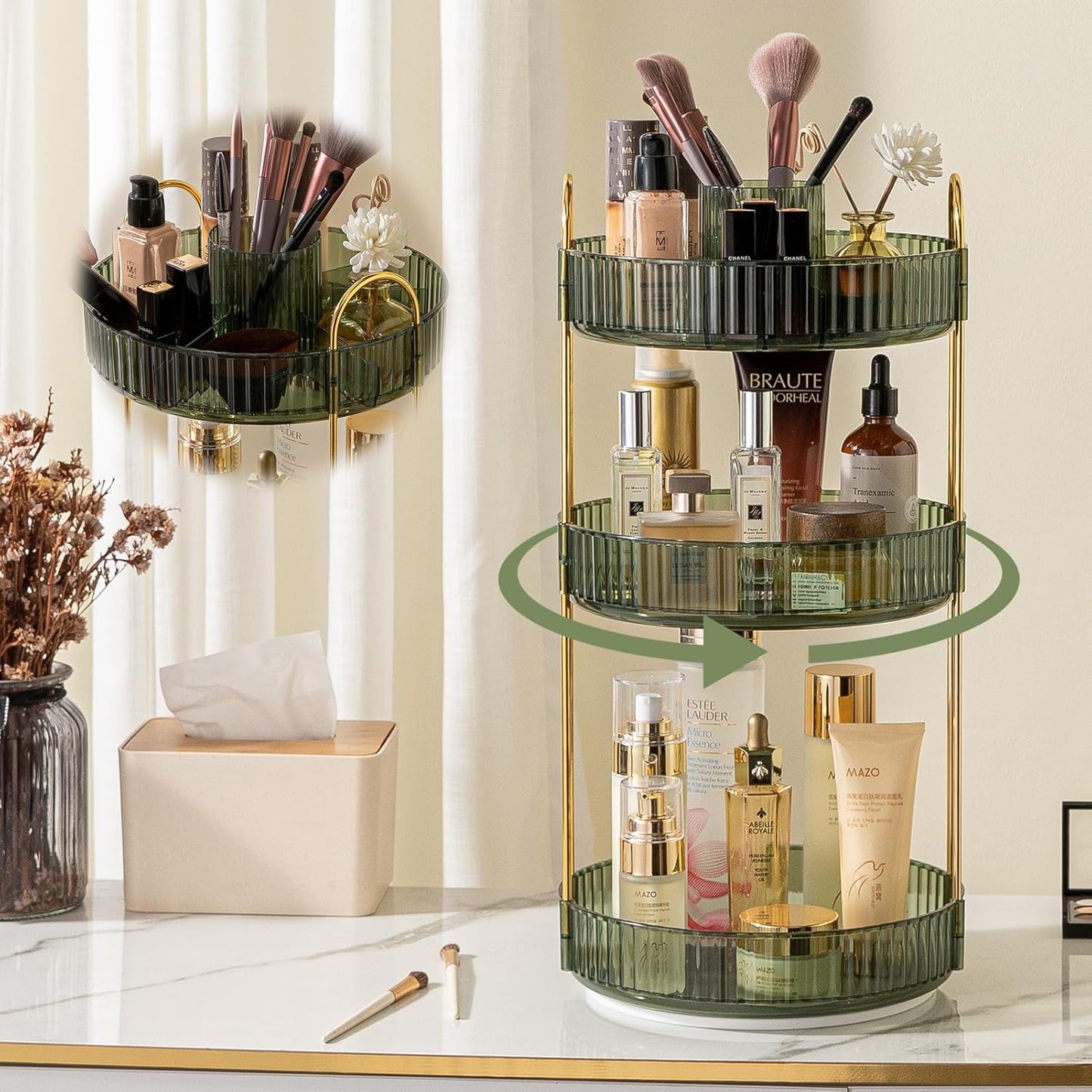 Rotating Makeup Organizer for Vanity, High-Capacity Skincare Clear Make Up Storage Perfume Organizers Cosmetic Dresser Organizer Countertop 360 Spinning (Green, New-3 Tier)