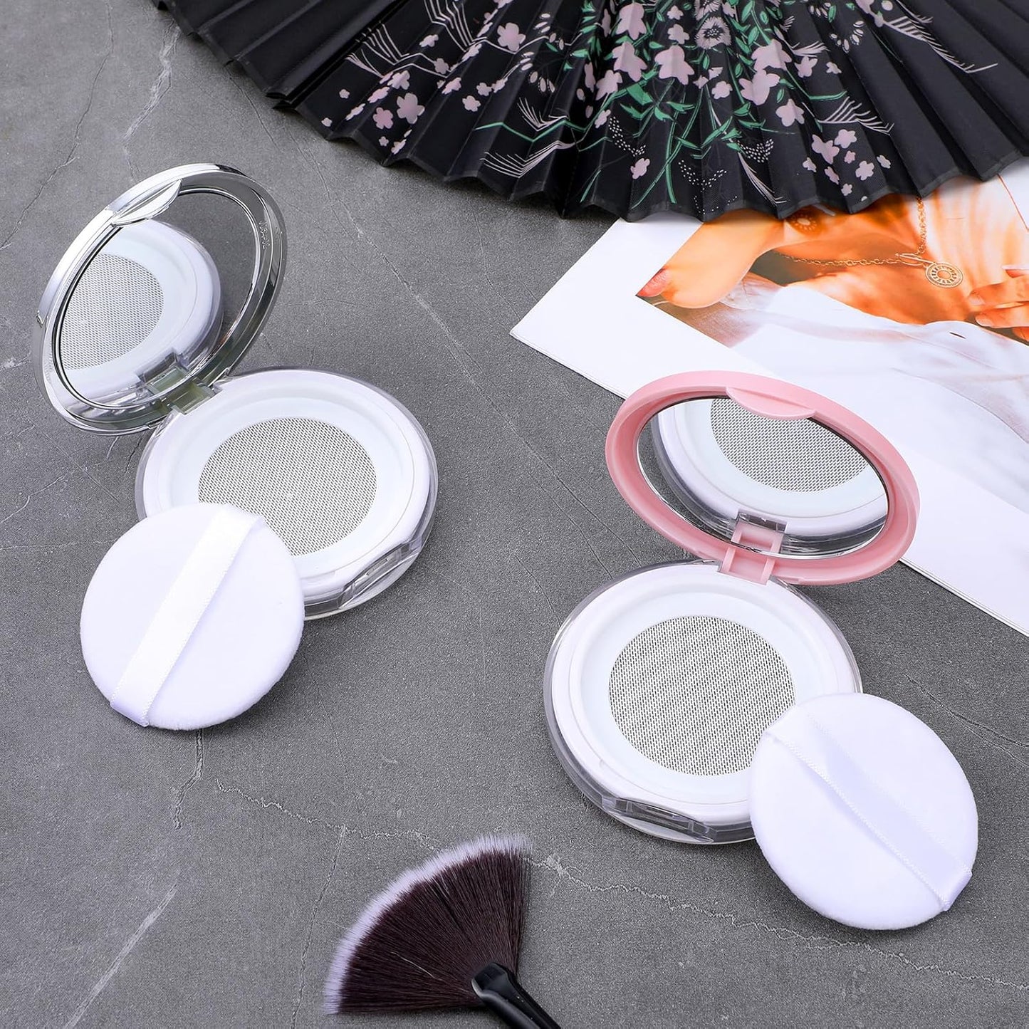 2 Pcs Loose Powder Container with Puff, 0.3-0.7oz Reusable Travel Powder Puff Case Refillable Empty Makeup Compact Box with Mirror for Travel DIY Makeup Cosmetic