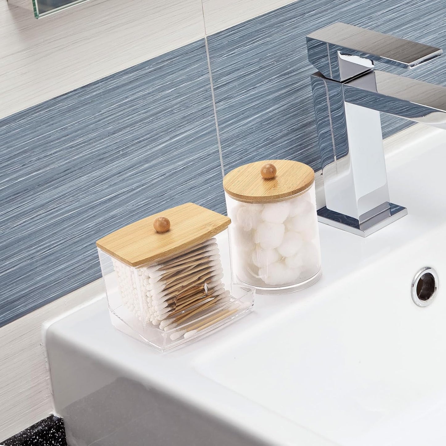 Tbestmax Qtips Dispenser, 10/12 oz Big Cotton Ball Holder Bathroom Container - Plastic Apothecary Jar Organizer for Storage Swabs, Rounds, Floss Picks - Bamboo Lids