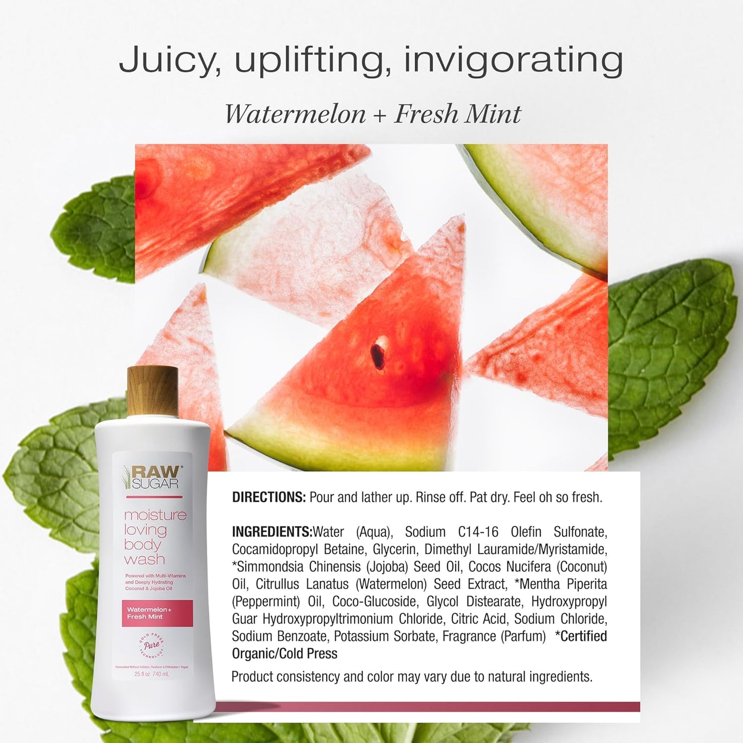 RAW SUGAR Simply Body Wash, (25 Fl Oz, Pack of 1) Bath Soap, Formulated without Sulfates & Parabens (Watermelon + Fresh Mint)
