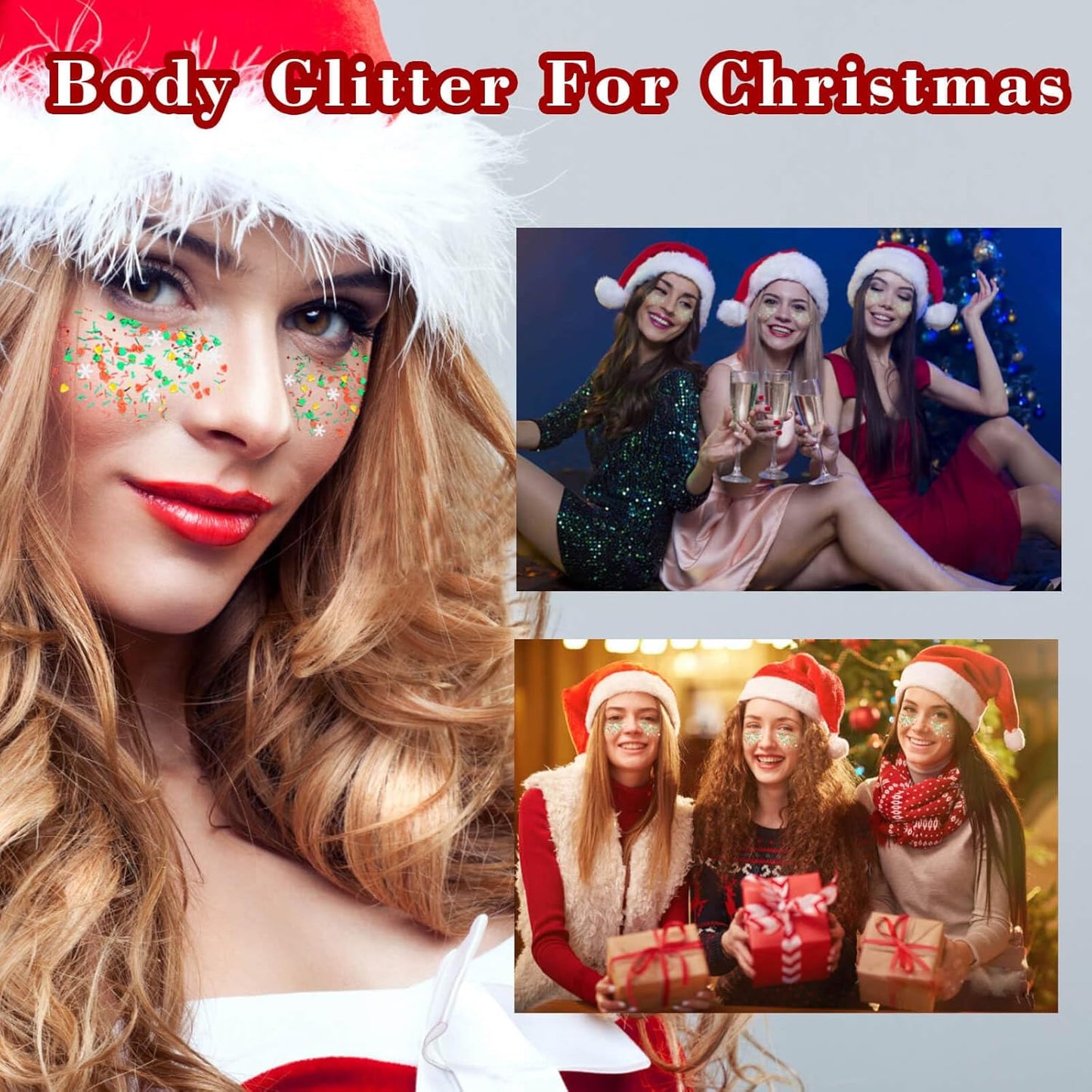 Christmas Makeup,MEICOLY Christmas Face Body Glitter Gel,Christmas Stocking Stuffers Gift Decorations,Festival Hair Glitter for Women Kids Girls,Chunky Sparkling Sequins Glitter Face Paint