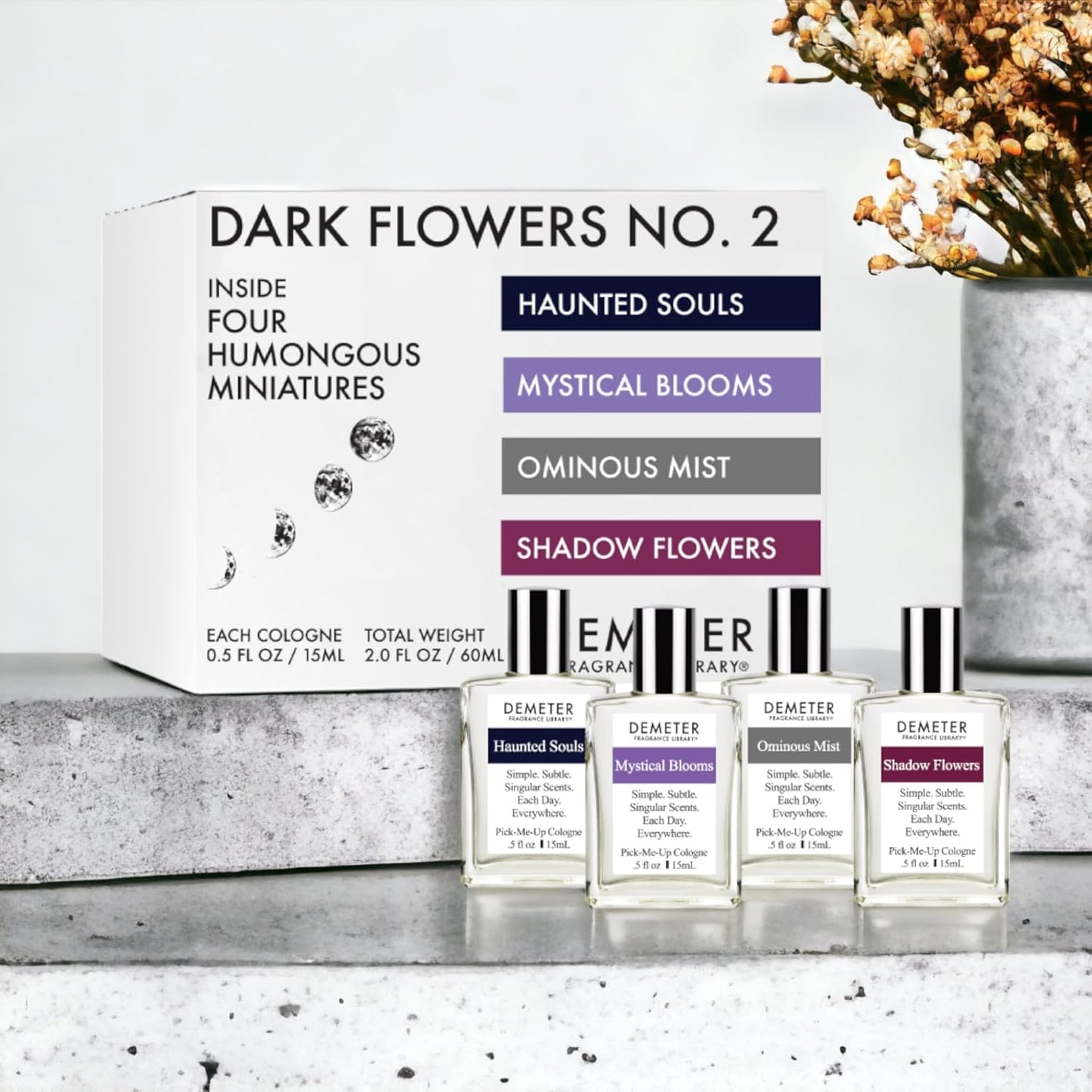 DEMETER Dark Flowers No. 2 Humongous Miniature Set of 4 Colognes, Haunted Souls - Mystical Blooms - Shadow Flowers - Ominous Mist, Perfumes for Women, 0.5 Oz Each