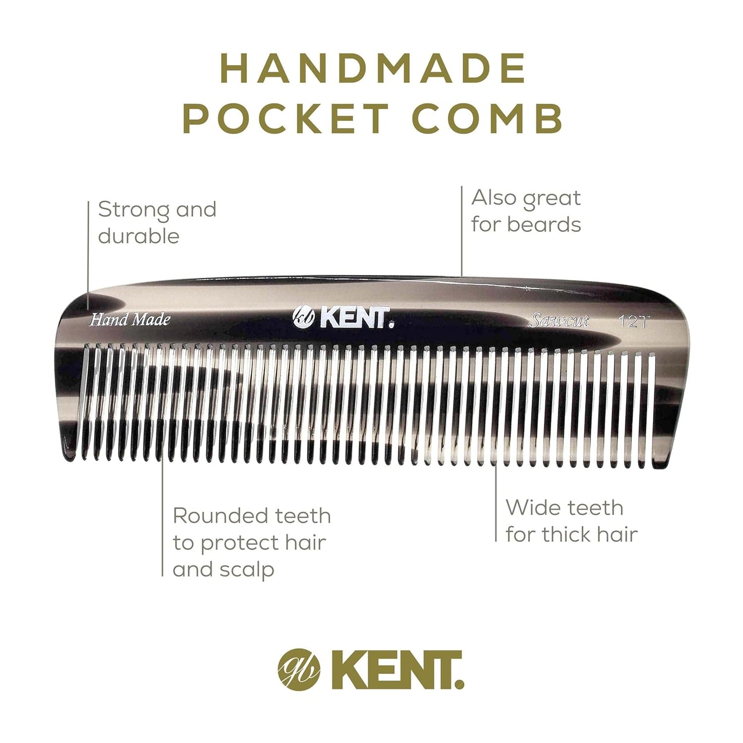 Kent 12T G Wide Tooth Detangling Comb - Handmade Pocket Comb for Thick, Curly, Wavy Hair - Large Tooth Hair and Beard Grooming Comb, Saw-Cut and Hand Polished