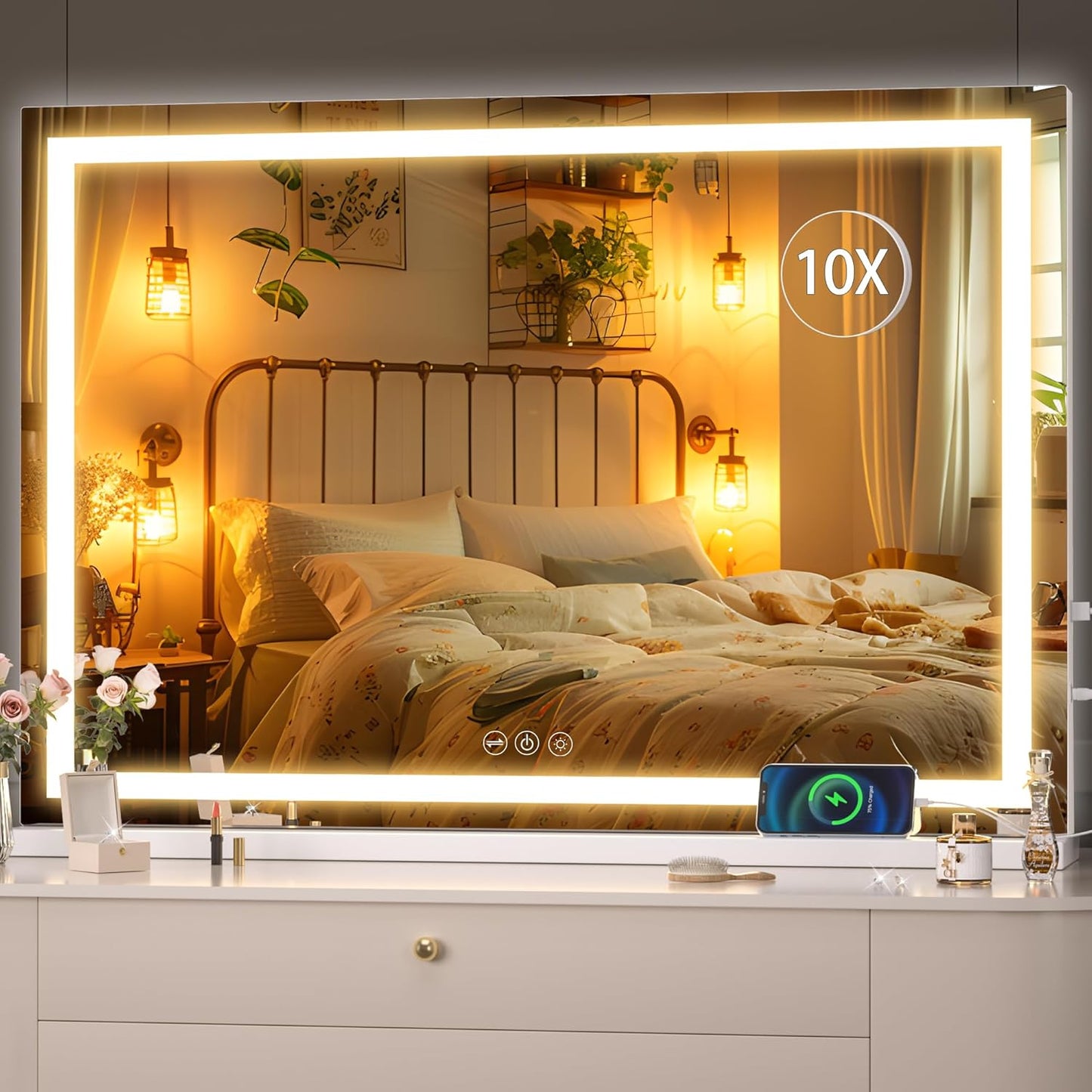 Hasipu Vanity Mirror with Lights, 37" x 26" LED Makeup Mirror, Lighted Makeup Mirror with Dimmable 3 Modes, Touch Screen Control Vanity Mirror Square White