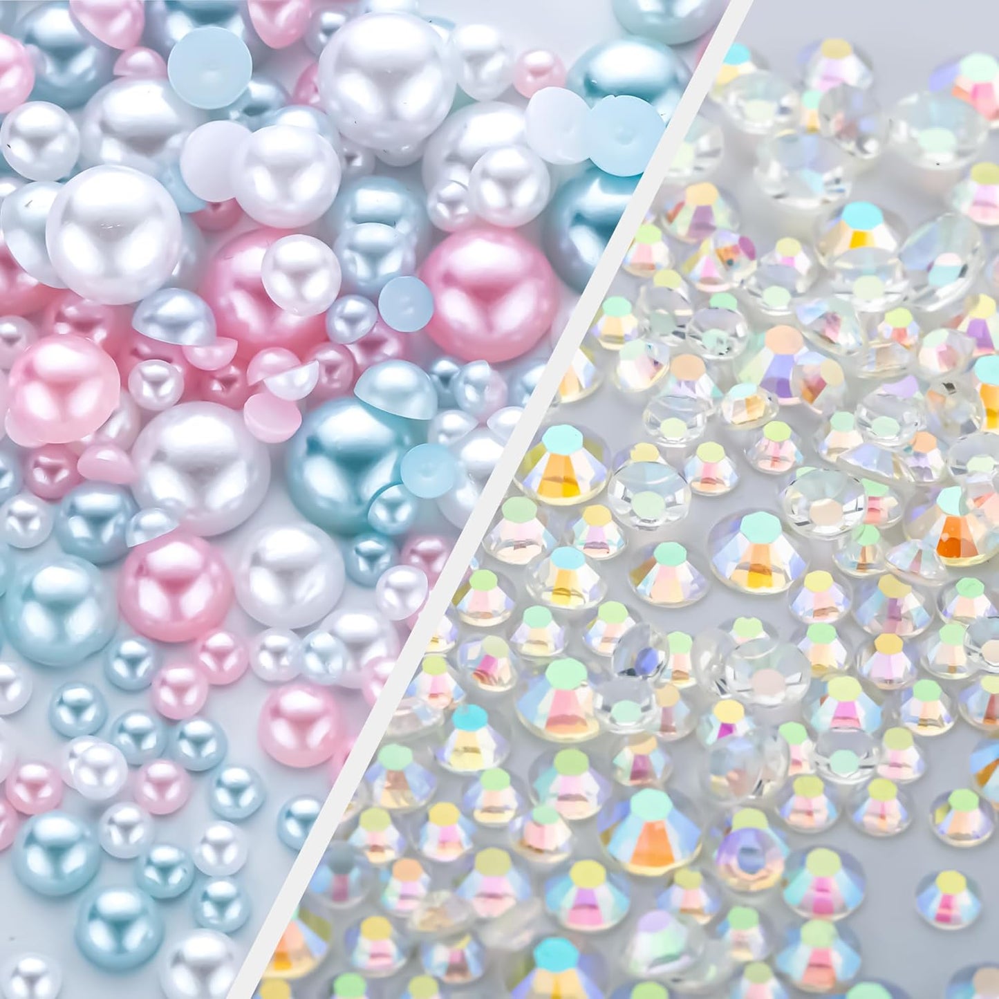 60g Cyan White Flat Back Pearls Rhinestones for Crafts Mixed Size 3mm-10mm AB Color Round Half Pearls Flatback Pearl Beads and Resin Rhinestones Set for Face Art with Glue