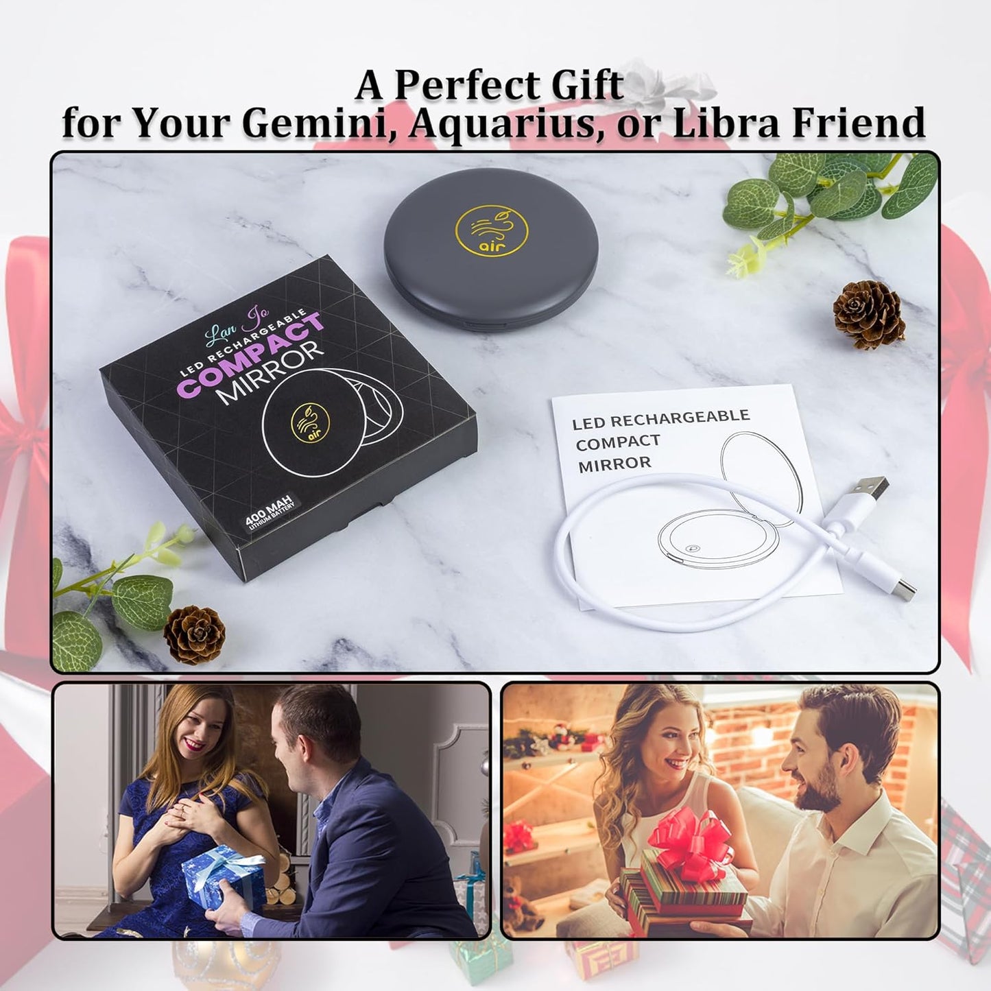 LanJo Lighted Compact Mirror with 1X/5X Magnification, Stepless Dimming & 3 Adjustable Light Settings, Rechargeable Makeup Mirror for Purse, Travel & Gifts – Air Sign Zodiac Design – Charcoal Grey