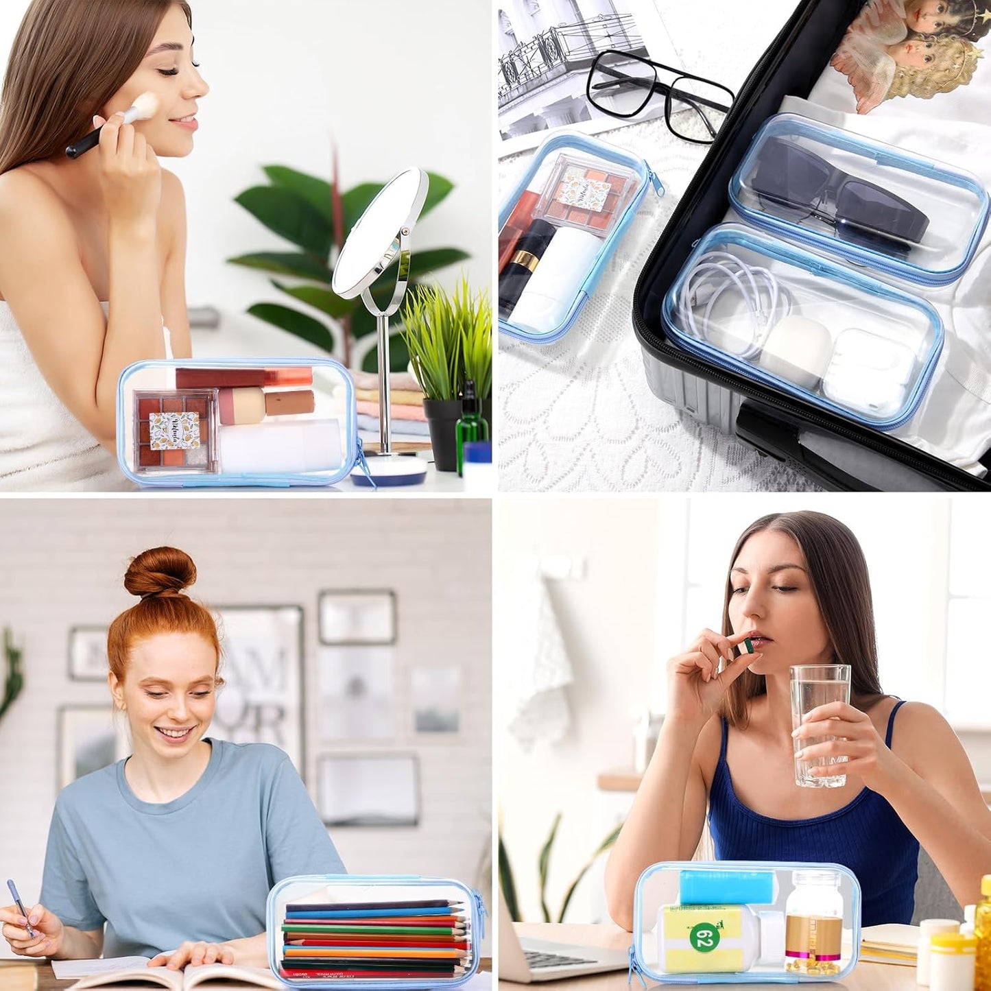 Hoolerry 3 Pcs Clear Hard Zipper Case Plastic Pouch Transparent Hard Case Clear Makeup Bag Portable Travel Organizer Bin for Cosmetics, Building Blocks, Puzzles(Blue,S)