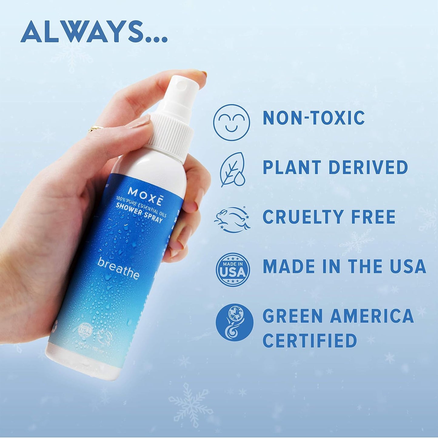 MOXĒ Breathe Eucalyptus & Peppermint Shower Mist, Spa Steam Spray, Certified Natural 100% Essential Oils, Made in USA, Aromatherapy, Sinus Congestion Relief, 4 Ounces