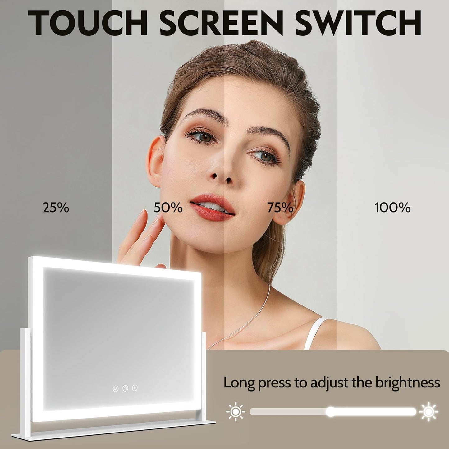 Lighted Makeup Mirror, 16.3"x12.6" Hollywood Vanity Mirror with Lights, 10X Magnification, 3 Color Lighting Modes, Smart Touch Control, 360° Rotation for Bedroom or Tabletop (White)