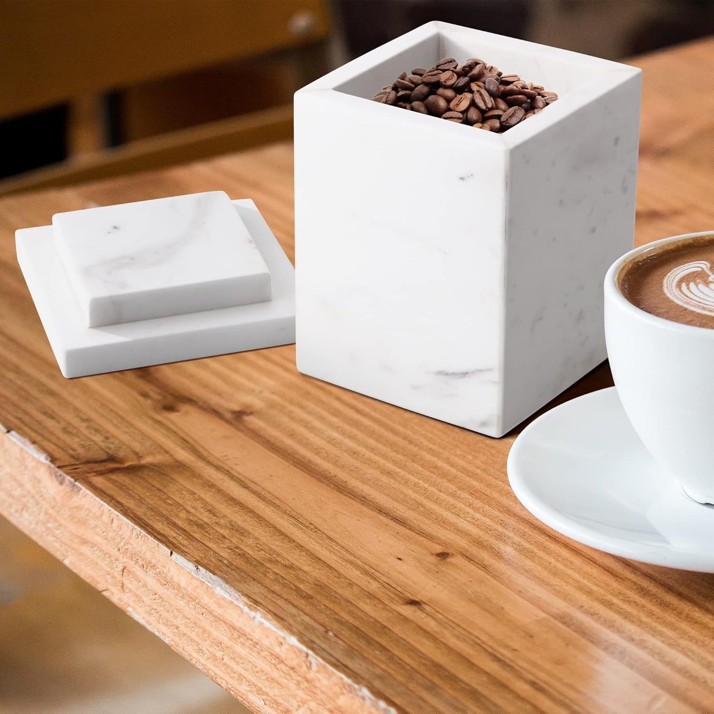 WORHE Marble Canister Natural Stone Qtip Holder with Lid Square Bathroom Vanity Organizer for Makeup Sponge Coffee Bean Dispenser Storage Jar Case for Home Decor White (DLW201)