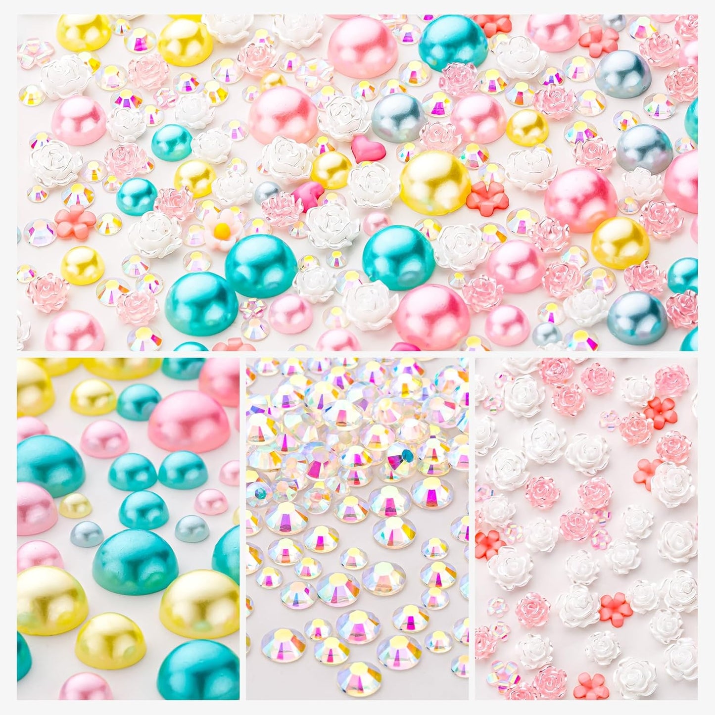 160g Cyan Citrine Flat Back Pearls Rhinestones with Gel for Crafts Mixed Size 3mm-10mm AB Color Round Half Pearls Flatback Pearl Beads and Resin Rhinestones Set for Face Art