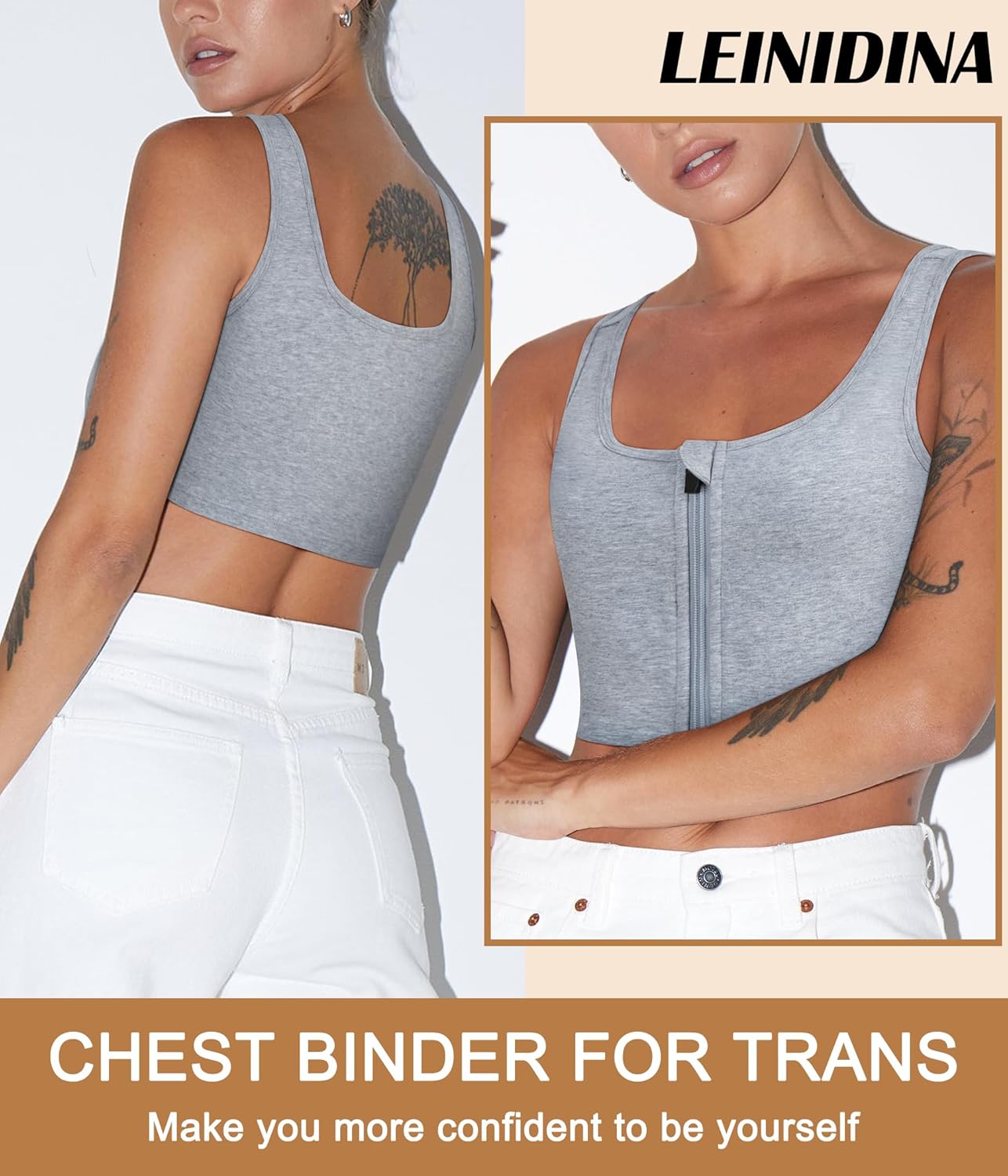 LEINIDINA Chest Binder Tomboy Transgender FTM Square Collar with Front Zipper Binder Bra Tank Top