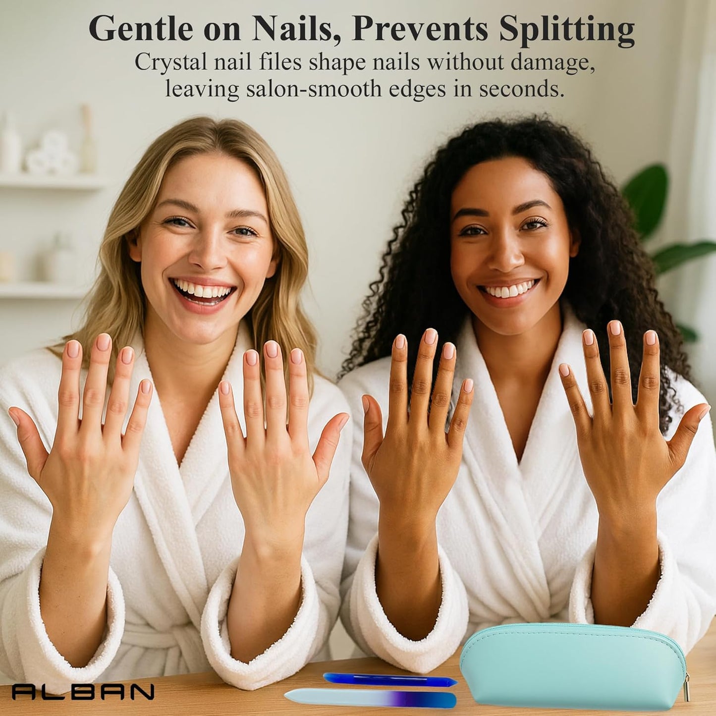 Alban Czech Glass Nail File Set with Manicure Stick & Vegan Leather Cosmetic Case (Royal Blue & Purple Nail Files, Royal Manicure Stick & Light Blue Cosmetic Case)