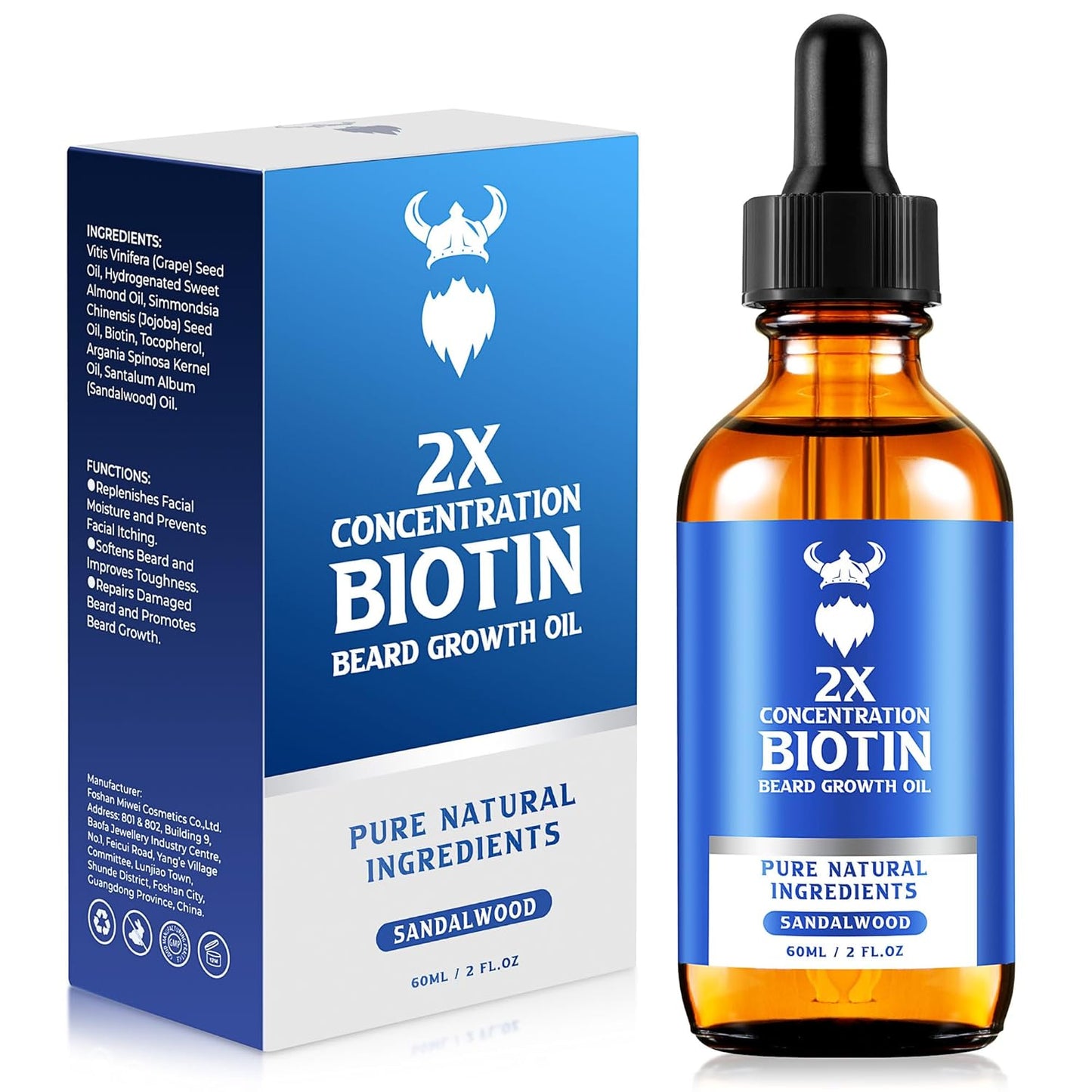 Beard Growth Oil - 2X Concentration Biotin Beard Oil for Men (2 oz) - Natural Mens Beard Oil with Argan Oil, Jojoba Oil and Vitamin, Beard Growth Softener, Moisturizer (Sandalwood)