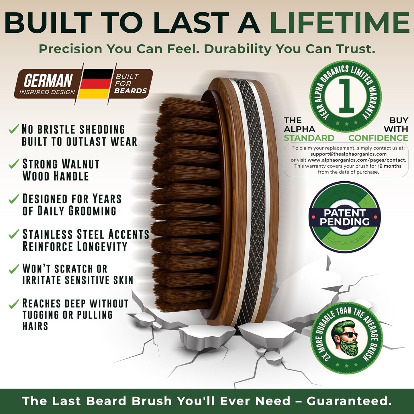 Premium Handmade 4.5" Boar Bristle Beard Brush for Men – Natural Walnut Wood & Non-Slip Rubber Grip – Men’s Grooming Brush for Short, Medium & Long Beards – Mustache & Beard Care Tool – Alpha Organics