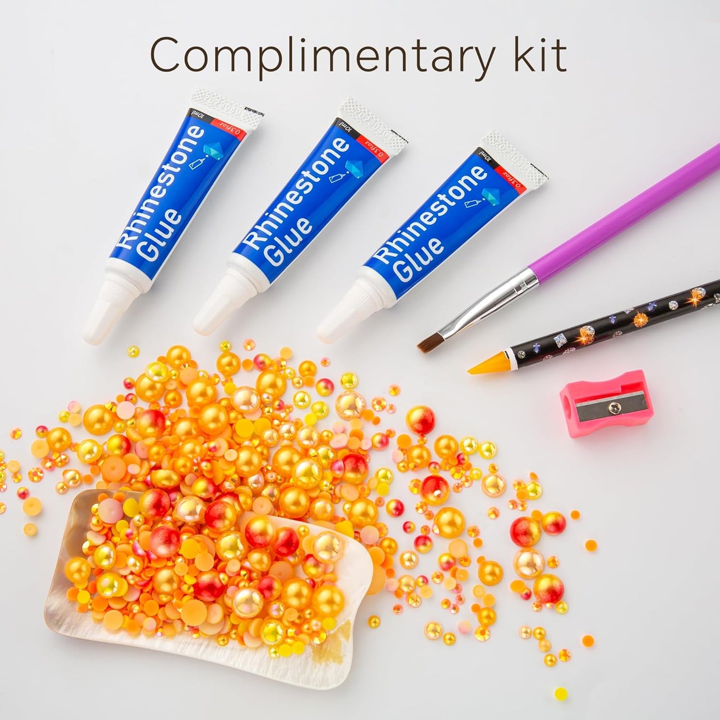 60g Orange Sun Magic Flat Flat Back Pearls Rhinestones for Crafts Mixed Size 3mm-10mm AB Color Round Half Pearls Flatback Pearl Beads and Resin Rhinestones Set for Face Art with Glue