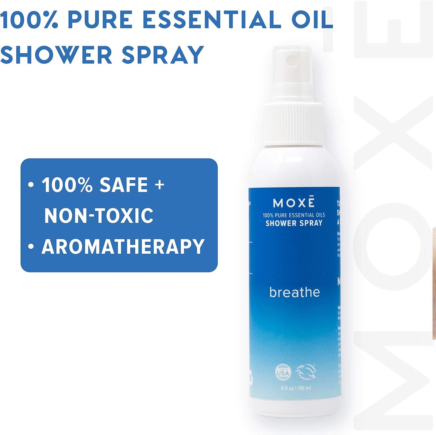 MOXĒ Breathe Eucalyptus & Peppermint Shower Mist, Spa Steam Spray, Certified Natural 100% Essential Oils, Made in USA, Aromatherapy, Sinus Congestion Relief, 4 Ounces