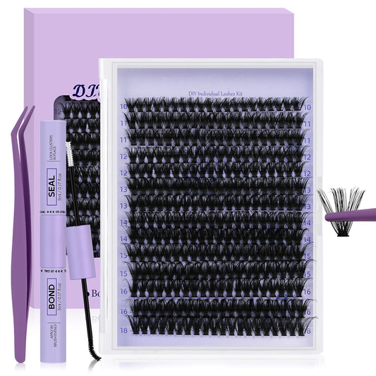 B&Qaugen Lash Extension Kit 280Pcs Volume Individual Lashes Kit Superfine Individual Eyelashes 10-18mm Soft D Curl Eyelash Clusters Kit with Bond and Seal Tweezers for Self Use （Kit，70D-10-18MIX）