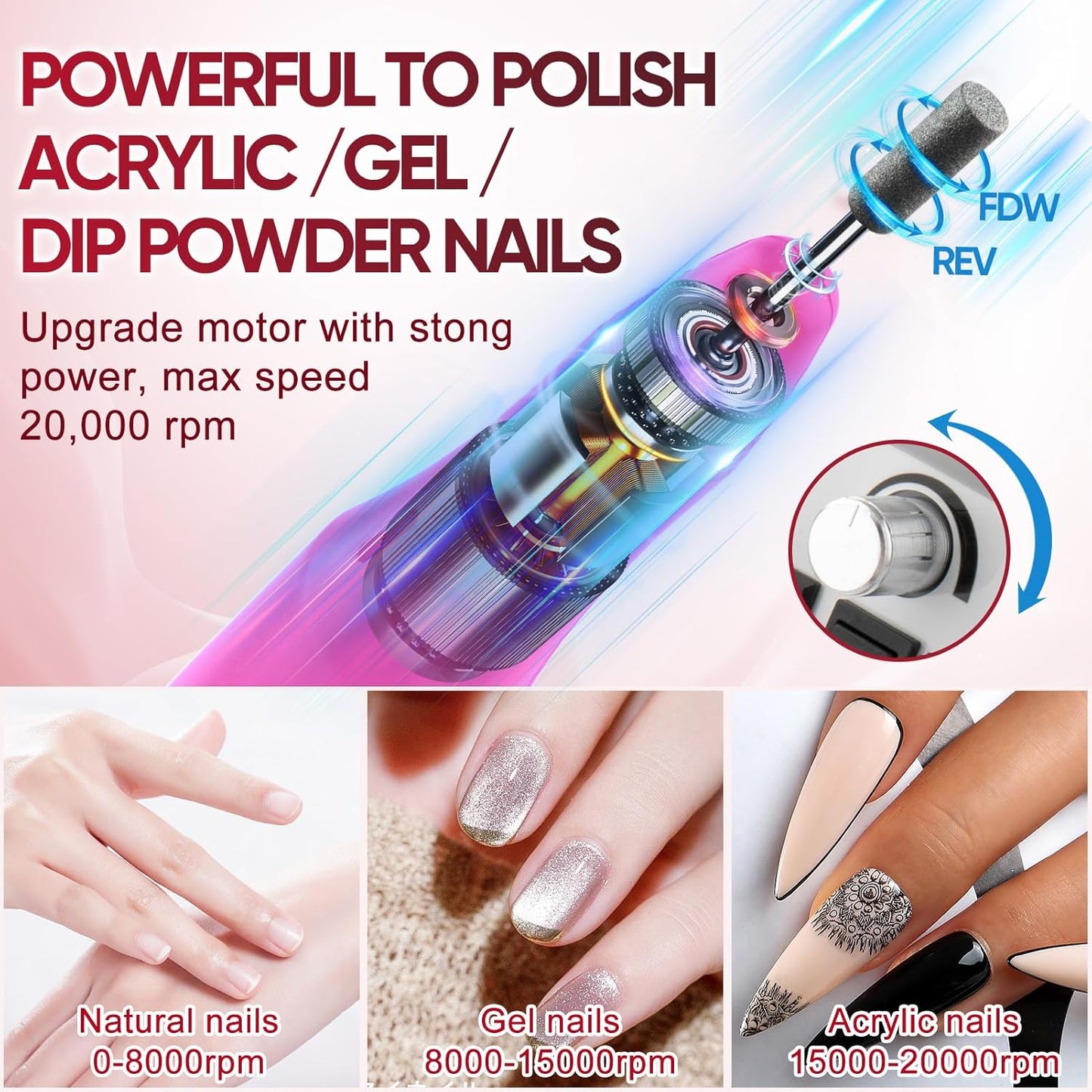 Professional Electric Nail Drill Machine Nails File Kit Manicure Pedicure Set for Acrylic Nail Gel Dip Powder Art Shape Remover Tool Polisher Grinder Low Noise with 156pcs Sanding Bands