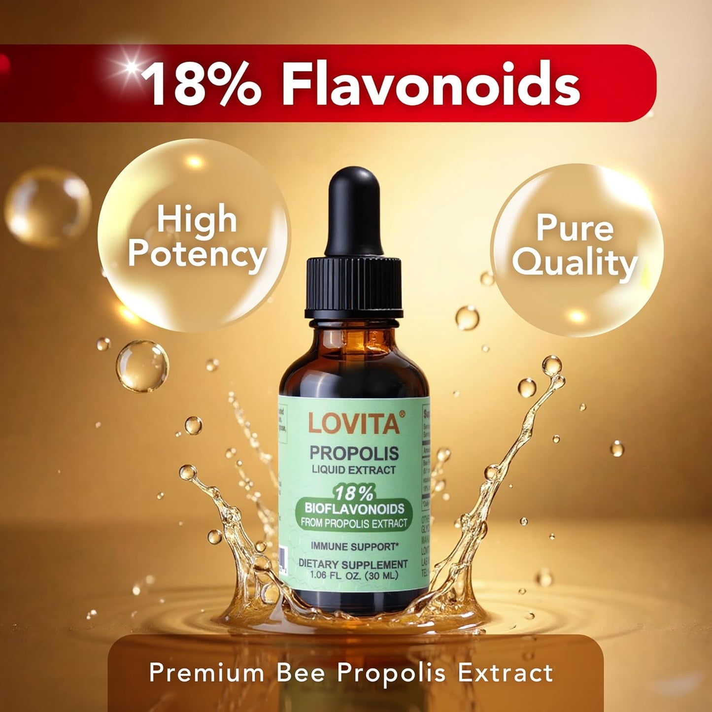 Lovita Bee Propolis Liquid Extract 500mg, 5:1 Resin Drops with 18% Bioflavonoids, Alcohol-Free Antioxidant, Immune Support & Throat Soothing, Gluten-Free, Non-GMO, 1 Fl Oz (30 mL), 30 Day Supply