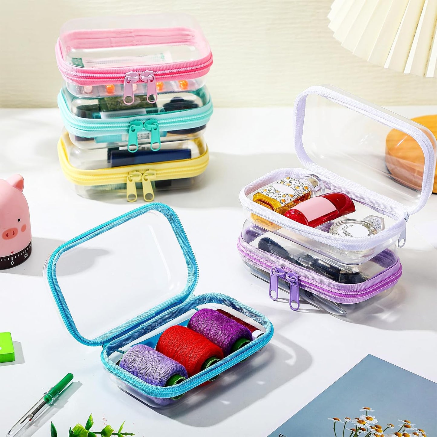 Sanwuta 6 Pcs Clear Hard Zipper Case Pencil Pouches Hard Plastic Zipper Pouches Makeup Bag Transparent Cases for Snacks Plastic Storage Organizer Box for Travel (Colorful,5 x 3 x 2 Inch)