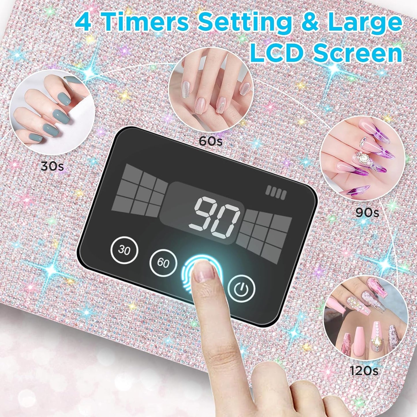 Cordless UV Nail Lamp, Rechargeable UV Light for Gel Nails, LED Nail Lamp with 4 Timer Modes, Gel Nail UV Light Decorate with Sparkling Nail Rhinestones (Sparkly White)