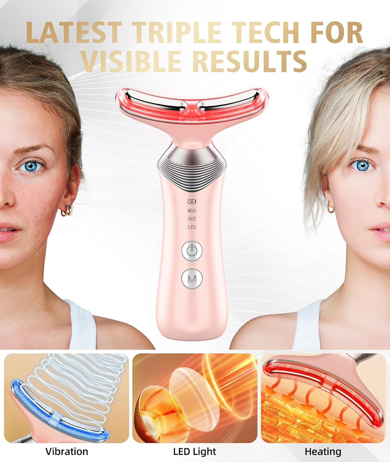 9-in-1 Red-Light-Therapy-for-Face-and-Neck, Portable Facial Massager Tool with Adjustable Vibration & Thermals for Wrinkles, Double Chin, Pink