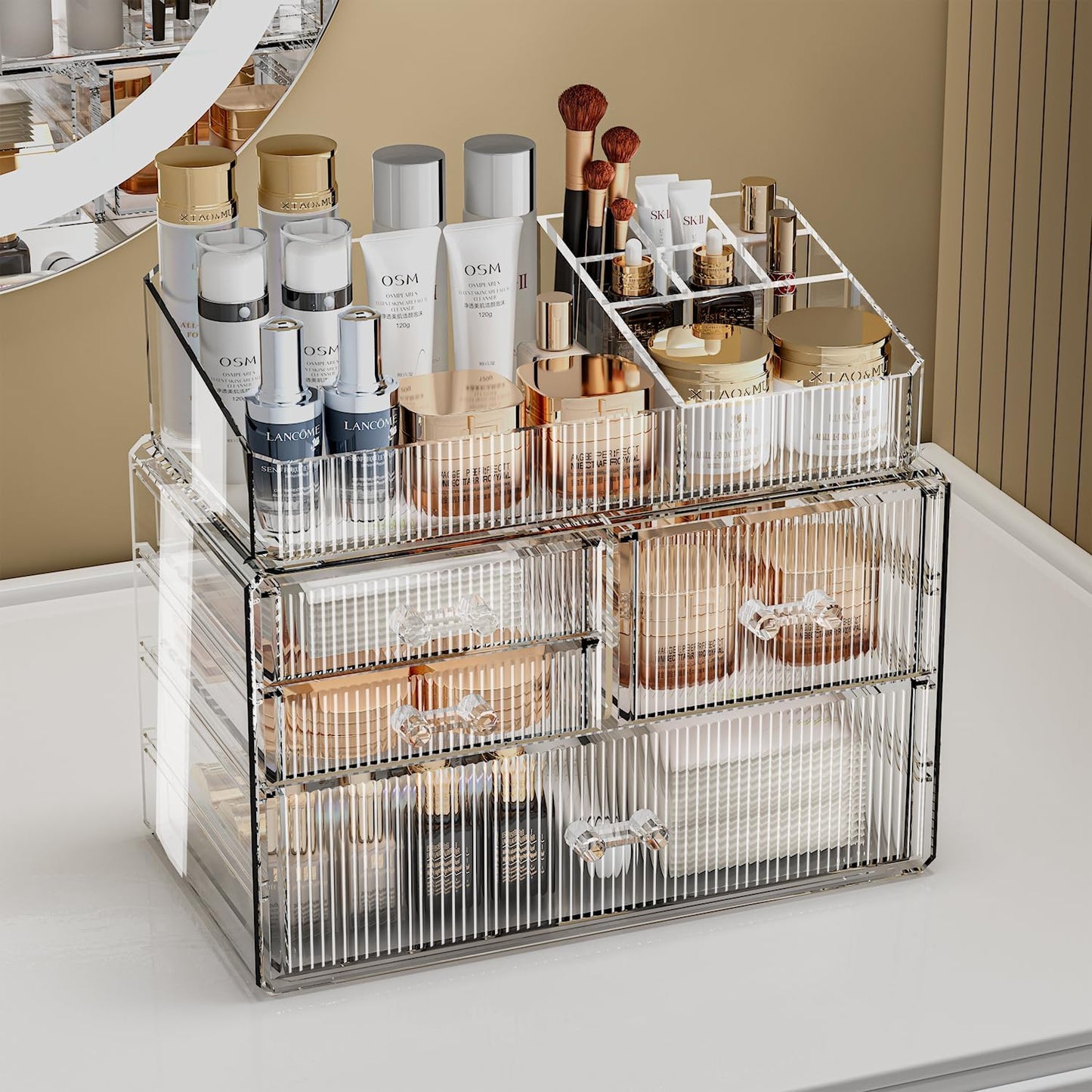 ZHIAI Stackable Storage Drawer, Acrylic Organizer, Cosmetic Organizer for Dresser, Vanity, Kitchen Cabinet, Bathroom, Under Sink, Home Organization and Storage (1 Top 3 Drawers)