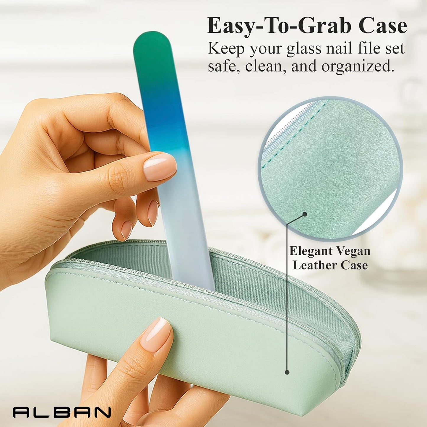 Alban Czech Glass Nail File Set with Manicure Stick & Vegan Leather Cosmetic Case (Green-Blue Nail Files, Green Manicure Stick & Light Blue Cosmetic Case)