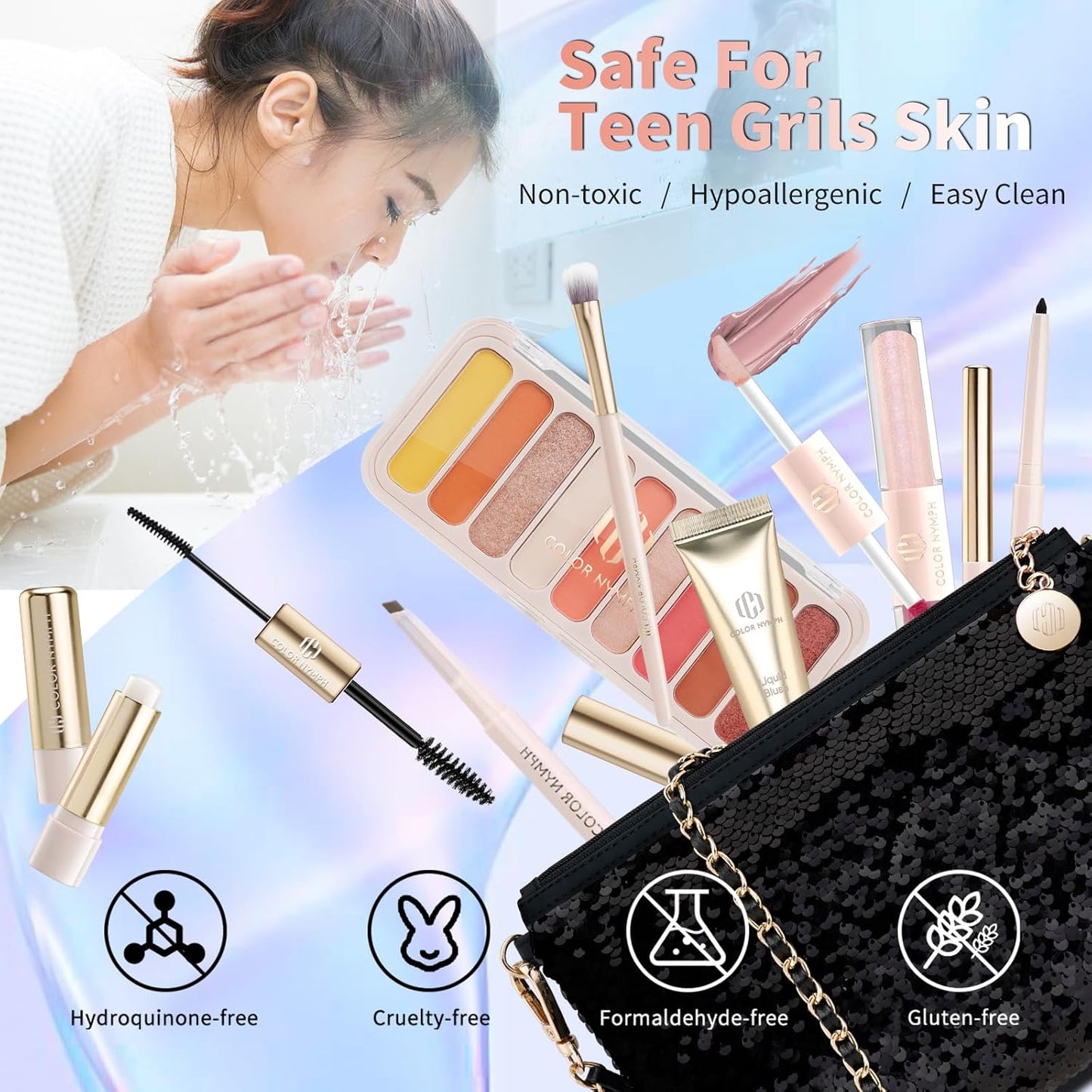 Color Nymph Teen Girls Makeup Kits, Makeup Set For Girls With Sequin Bag All In One Makeup Kit For Women Packed Individually 9 Colors Eyeshadow Palette Liquid Blush Lip gloss Mascara -Pink Blue