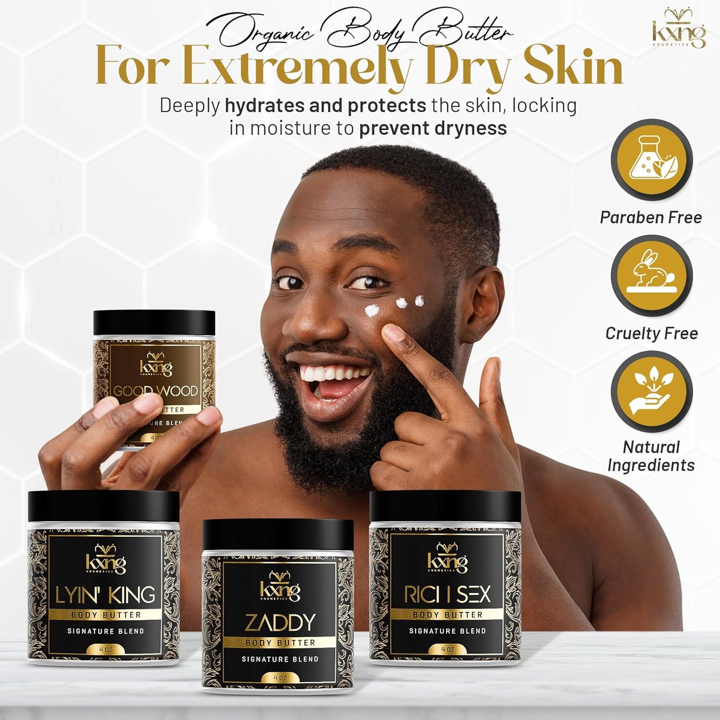 KXNG Cosmetics, Body Butter, Organic Skin Care for Men and Women, Body Moisturizer Lotions and Creams, Raw Shea Butter, Cocoa Butter, Mango, Coconut Oil, Hand, Foot, All Skin Types (4oz 4-pack)