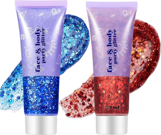 Go Ho Red and Blue Body Glitter Set,Singer Concerts Face Glitter Gel Makeup,Holographic Long Lasting Chunky Sequins Glitters for Eye Lip Hair Nails,Festival Rave Accessories,Blue&Red