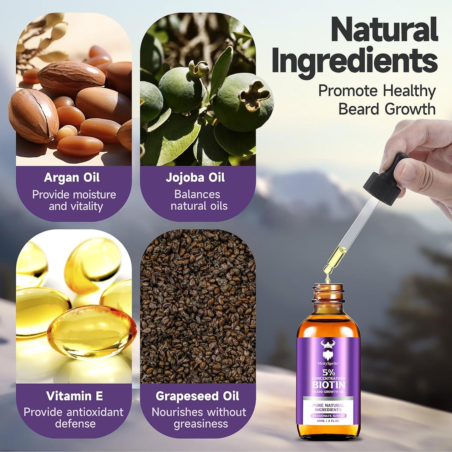 Beard Growth Oil - 5% Concentration Biotin Beard for Men (2 oz) - Natural Mens with Argan Oil, Jojoba Oil and Vitamin, Growth Softener, Moisturizer (Passionate Sunset)