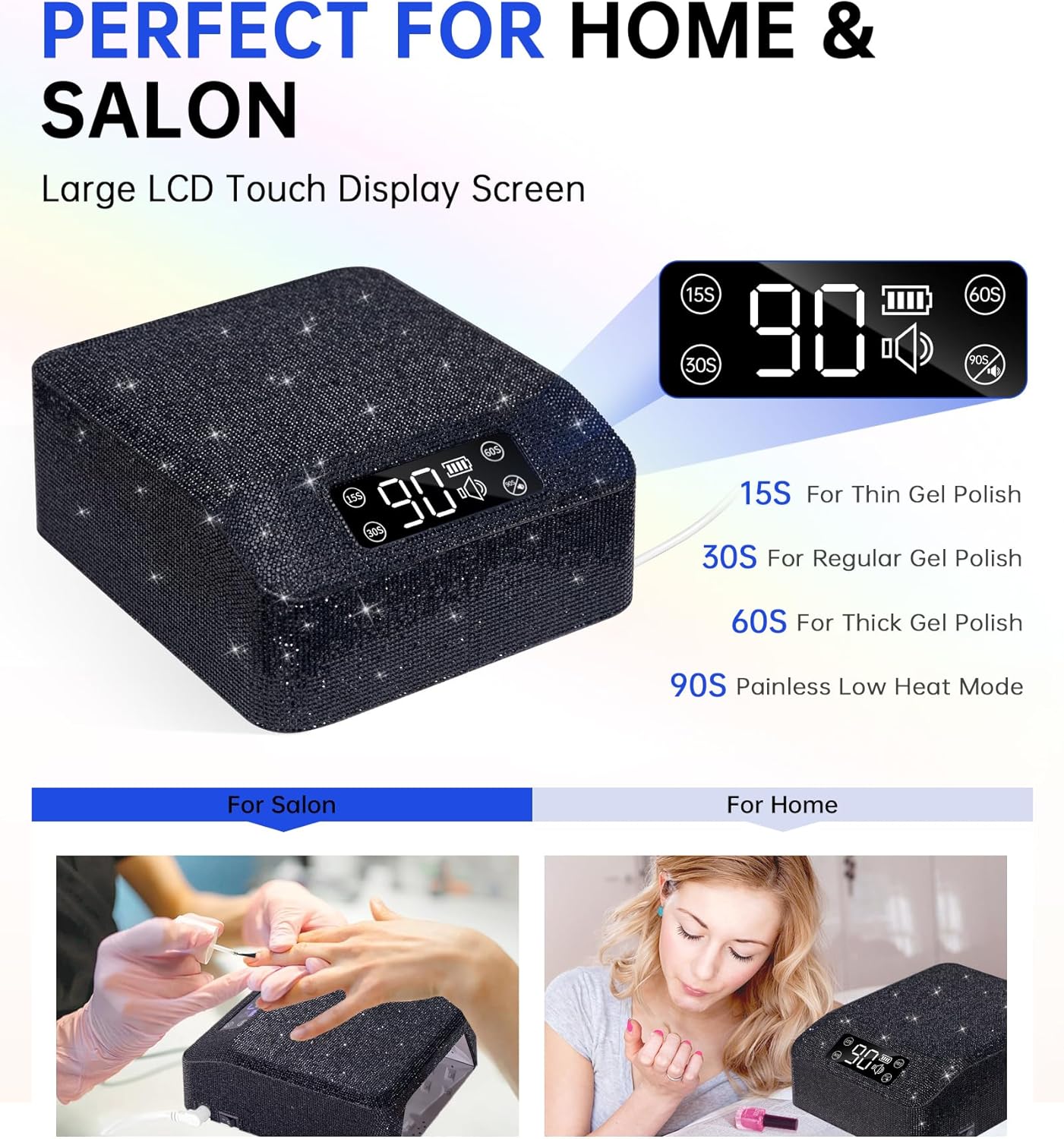 UV LED Nail Lamp 96W Nail Dryer Sparkly Gel Polish Light 4 Timer Setting Professional Quick Dry Curing Lamp with Display Auto Sensor for Salon & Home, Black