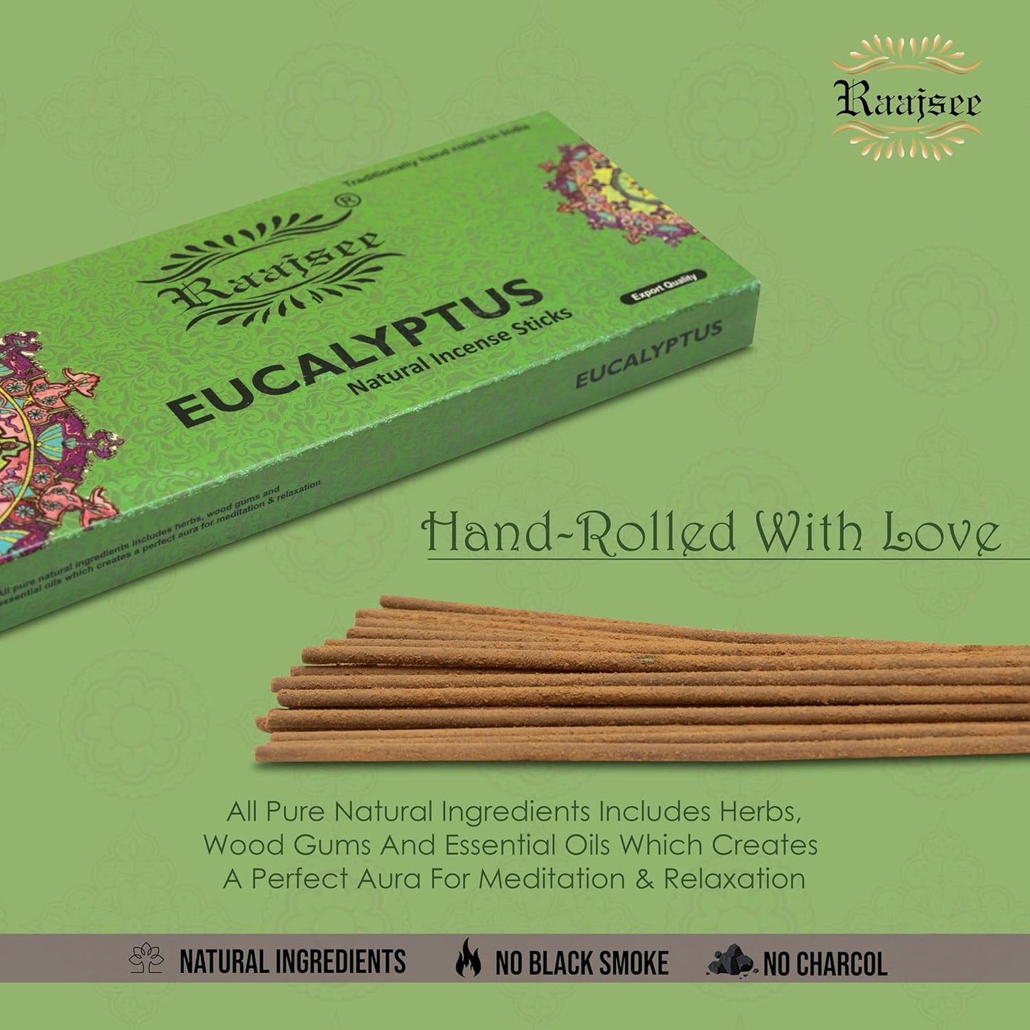 Raajsee Incense Sticks Eucalyptus 100 gm Pack-100% Pure Organic Natural Hand Rolled Free from Chemicals-Perfect for Church, Aromatherapy,Relaxation,Meditation,Positivity & Sensual Therapy