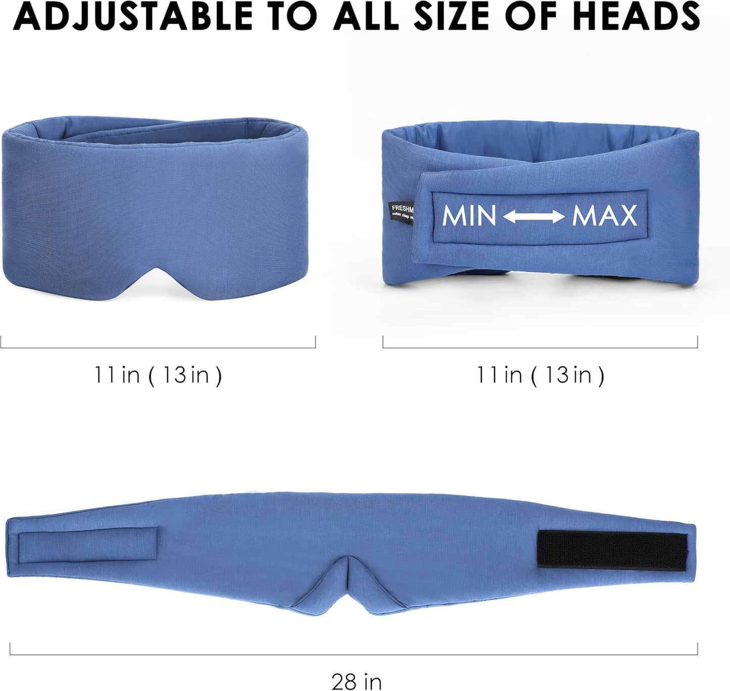 FRESHME Pure Handmade Cotton Sleep Mask - Blackout Eye Mask with Adjustable Velcro Soft and Comfortable Eye Blinder Shade for Men Women Travel Office Nap Airplane Blue