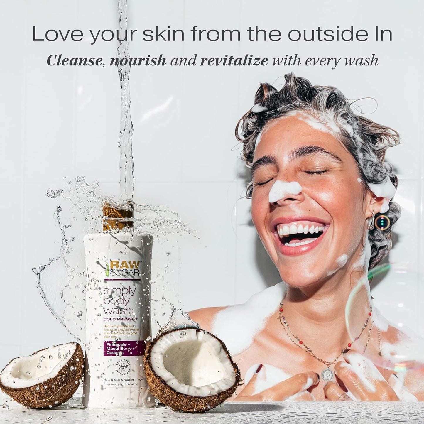 RAW SUGAR Simply Body Wash - Pineapple + Maqui Berry + Coconut, Moisturizing & Brightening Bath & Shower Gel, Sulfate-Free, Paraben-Free & Vegan (Pack of 3)