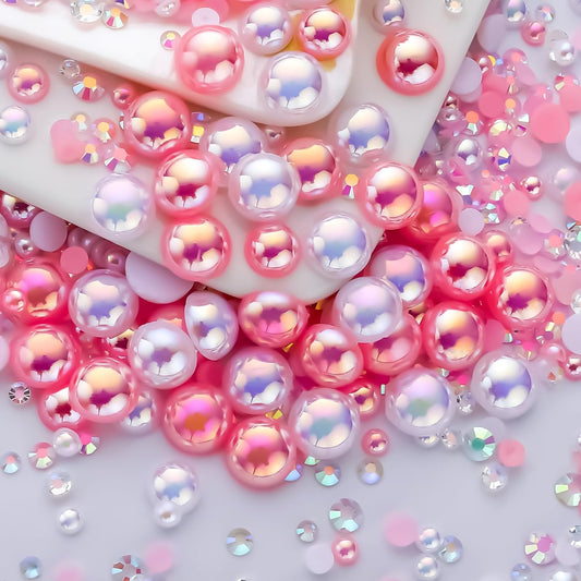 60g Light Pink White Pearl Rhinestones for Crafts Mixed Size 3mm-10mm AB Color Round Half Pearls Flatback Pearl Beads and Resin Rhinestones Set for Face Art with Gel