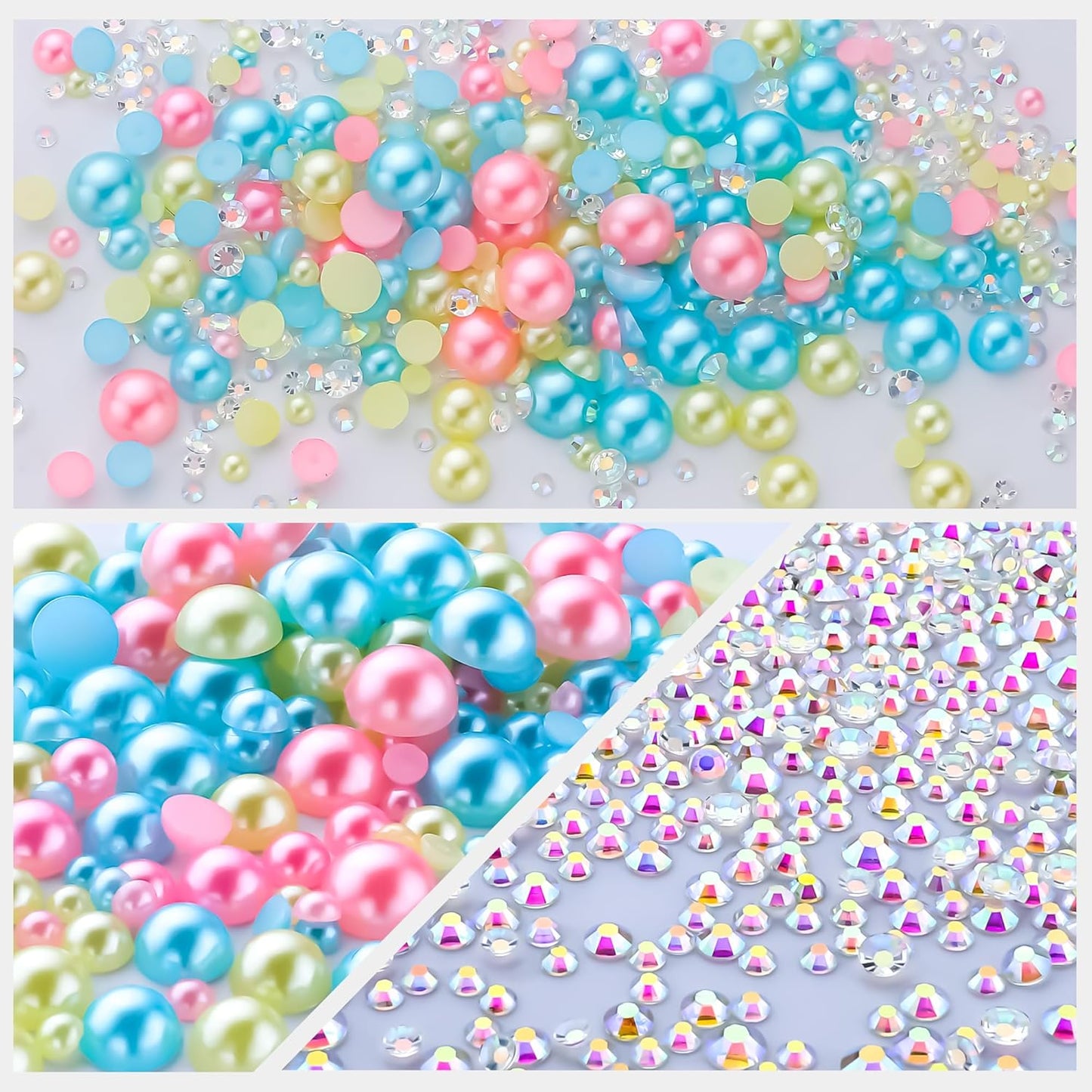 60g Cyan Citrine Pearl Rhinestones for Crafts Mixed Size 3mm-10mm AB Color Round Half Pearls Flatback Pearl Beads and Resin Rhinestones Set for Face Art with Gel