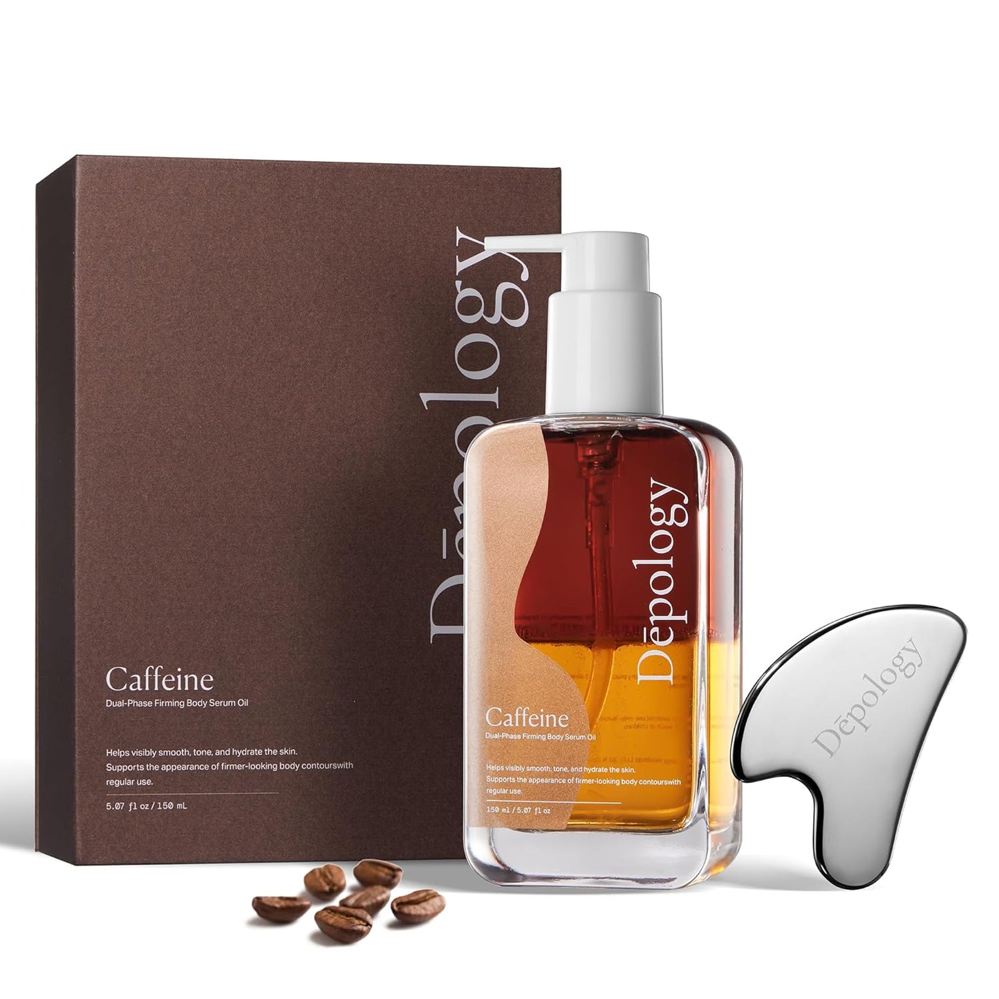 depology Caffeine Body Firming Serum Oil – Non-greasy Hydrating Body Glow Dual-Phase Oil for Dry, Aging Skin with Gua Sha Tool – Skin Tightening Oils with Squalane, Camellia & Caffeine – 5.07 fl oz