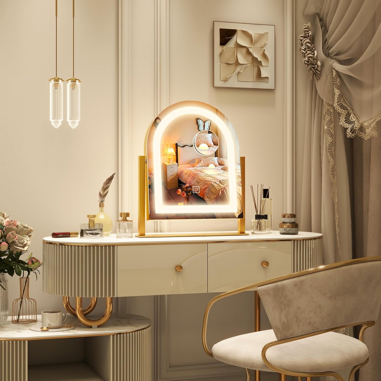 Lighted Makeup Mirror with 3-Color Dimmable Lighting, with Removable 10x Magnifier, Smart Touch Control, 360° Rotation, 15" x 13" Hollywood Vanity Mirror for Tabletop Desk (Gold)