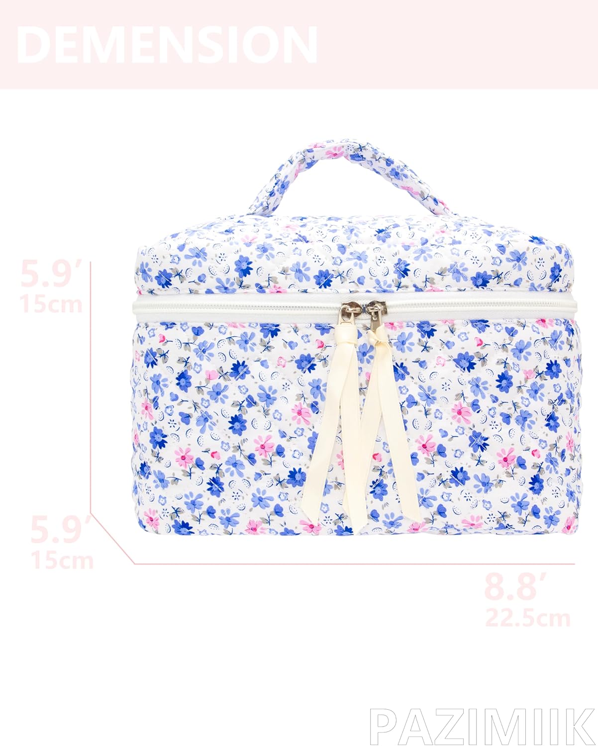 PAZIMIIK Quilted Makeup Bag Large Travel Zipper Soft Cosmetic Case for Women Girls Make Up,Floral Blue