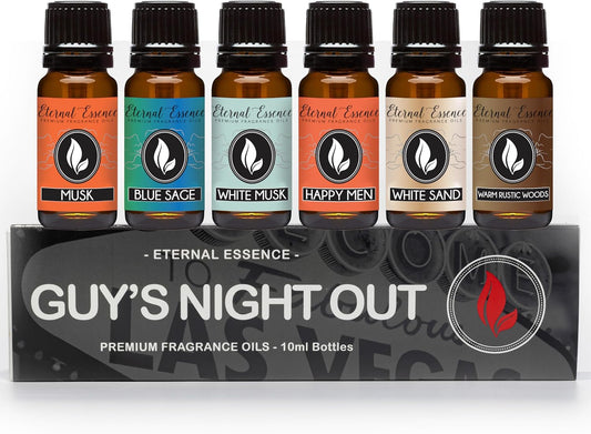 Eternal Essence Oils Guy's Night Out Set of 6 Premium Fragrance Oils - Includes Including Happy Men, Blue Sage, White Sand, Warm Rustic Woods, Musk, and White Musk Scented Oils - 10ML