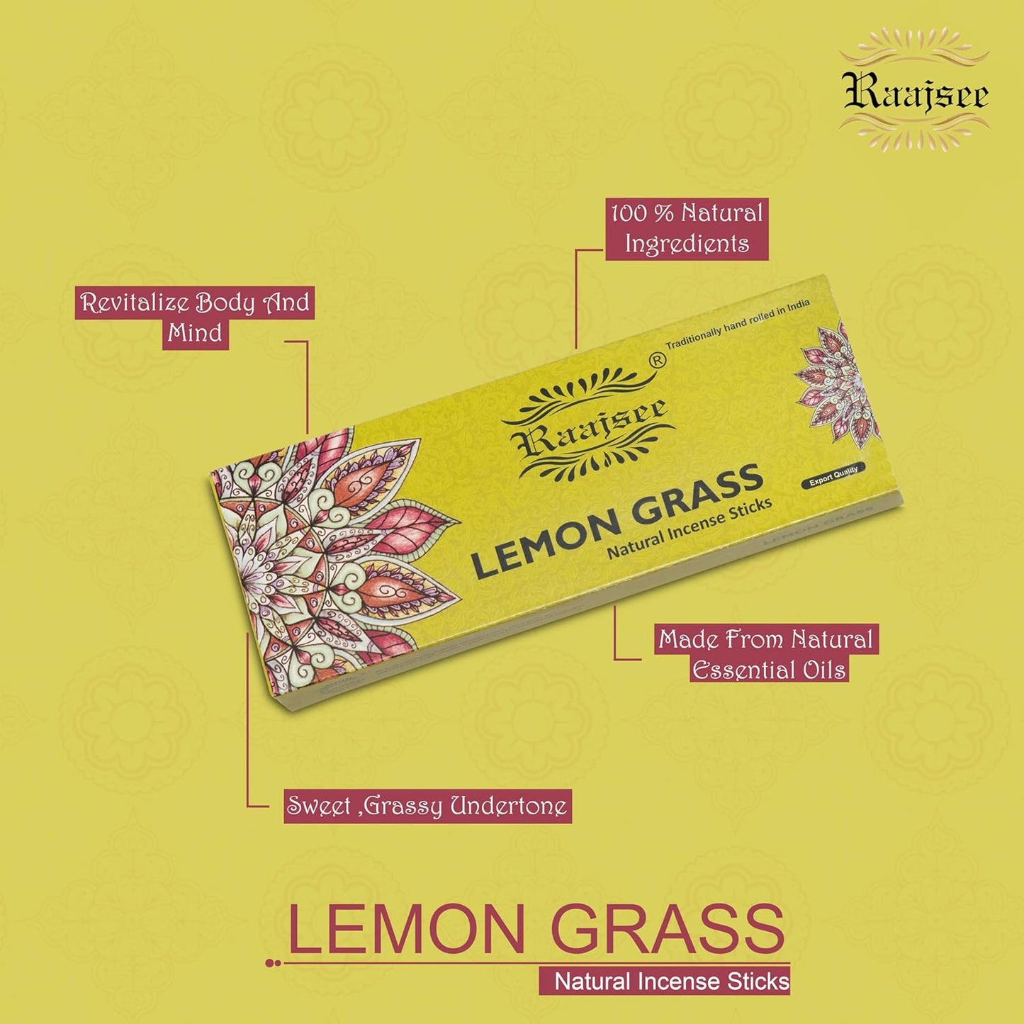 Raajsee Incense Sticks Lemon Grass 100 gm Pack-100% Pure Organic Natural Hand Rolled Free from Chemicals-Perfect for Church, Aromatherapy,Relaxation,Meditation,Positivity & Sensual Therapy