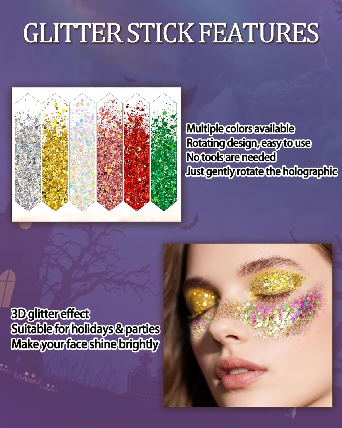 Body Glitter Stick, Waterproof Long Lasting Sparkling Face Shimmer Makeup, Singer Concerts Disco Music Halloween Festival Rave Accessories, Holographic Chunky Sequins Hair Stick,Gift for Women girl-29