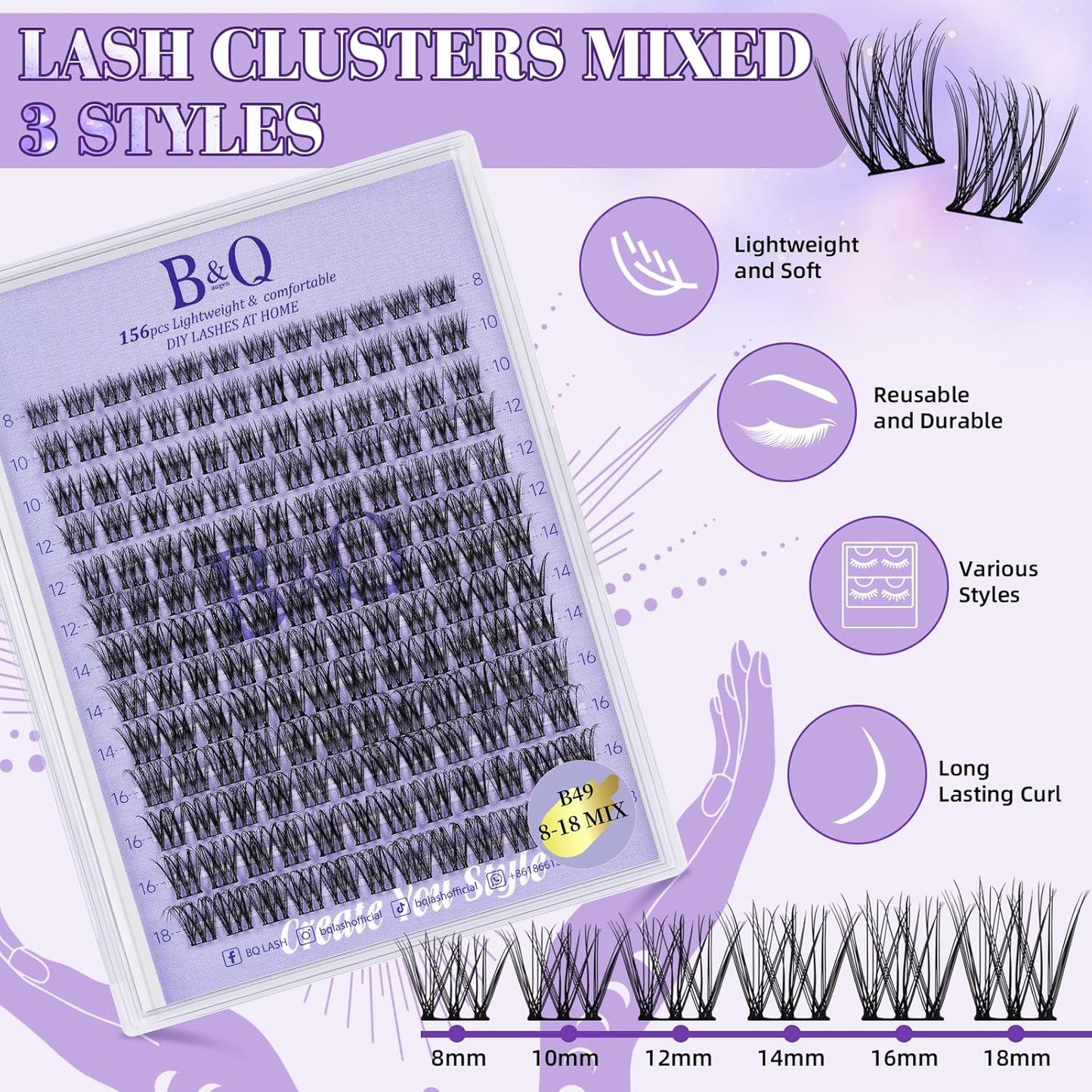 Lash Extension Kit B49 Eyelash Extension Kit B&Qaugen DIY Lash Extension Kit 156 PCS Lash Clusters 8-18mm Cluster Eyelash Extensions Kit with Lash Bond and Seal Lash Applicator Tool (Kit,B49)